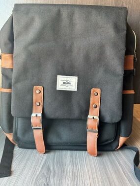 Classic Black Canvas padded laptop Backpack with Brown Trim